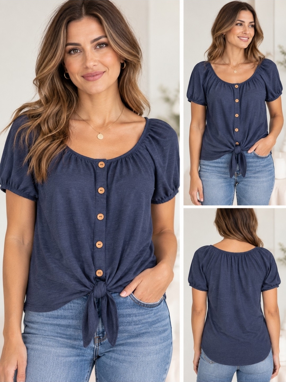 Women's Navy Short-Sleeve Button Tie-Front Top - NEW WITH TAG